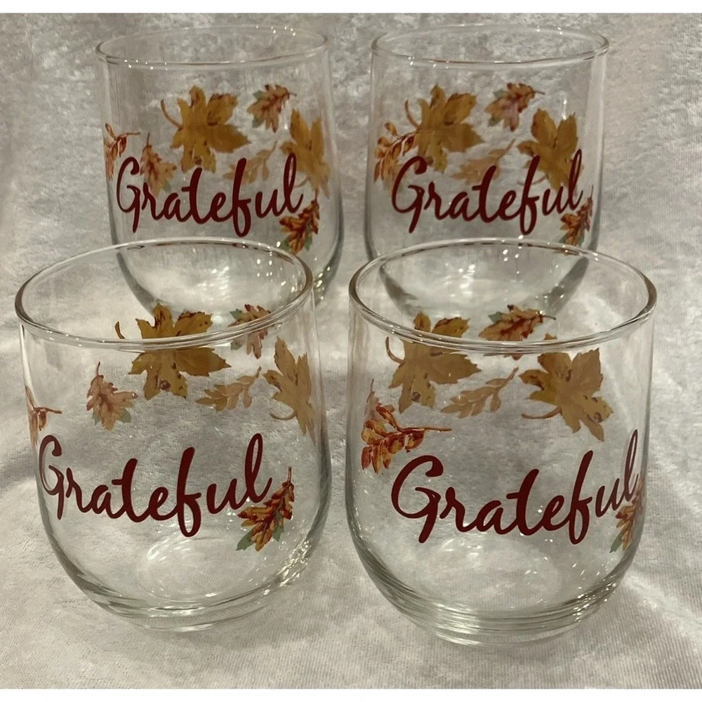 Thanksgiving Fall Leaves Stemless Wine Water Glasses GRATEFUL Table Barware (4)